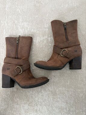 Born Brown Leather Block Heel Mid-Calf Boots